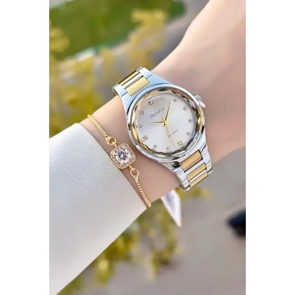 Gold Gümüş Renk Kadın Kol Saati ve Bileklik