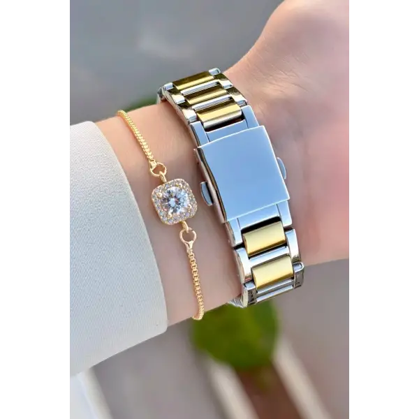 Gold Gümüş Renk Kadın Kol Saati ve Bileklik