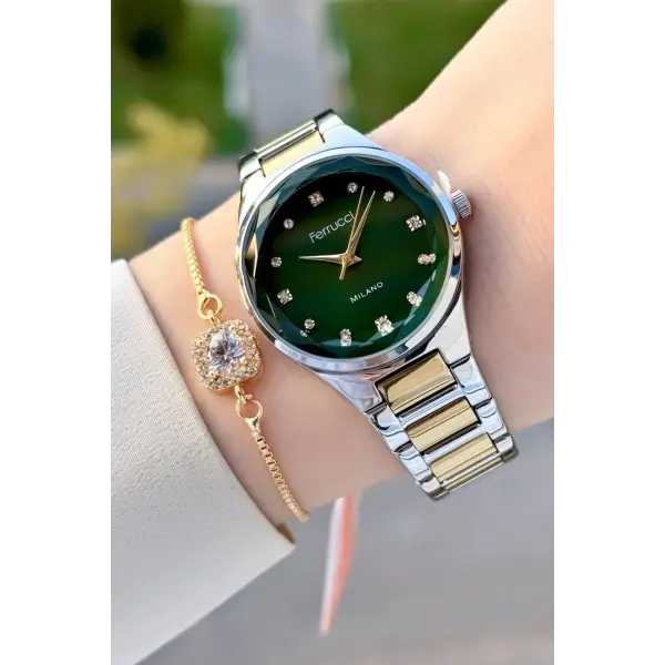 Kadranı Yeşil Kordonu Gold Gümüş Renk Kadın Kol Saati ve Bileklik