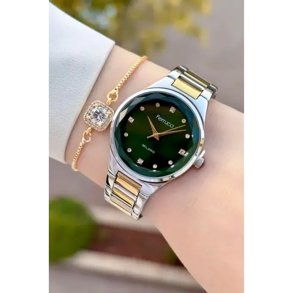 Kadranı Yeşil Kordonu Gold Gümüş Renk Kadın Kol Saati ve Bileklik