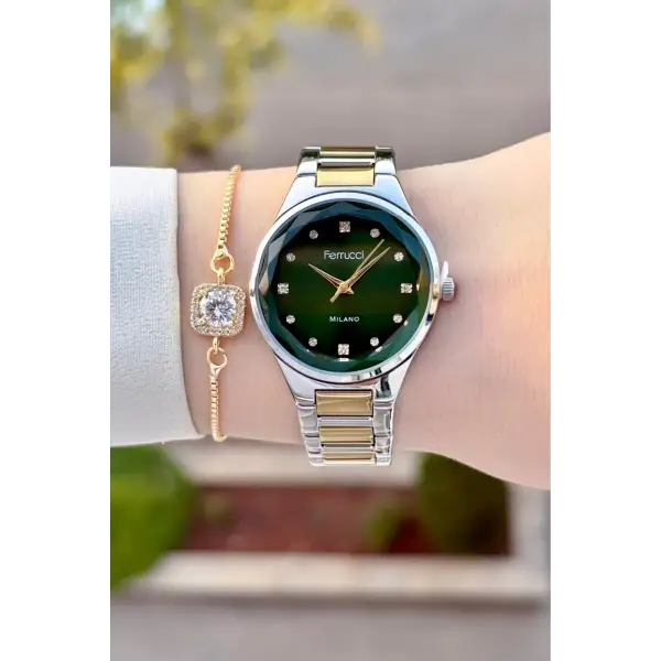 Kadranı Yeşil Kordonu Gold Gümüş Renk Kadın Kol Saati ve Bileklik