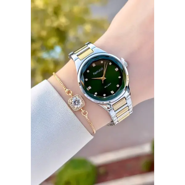 Kadranı Yeşil Kordonu Gold Gümüş Renk Kadın Kol Saati ve Bileklik