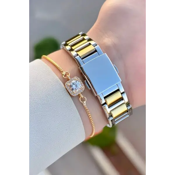 Kadranı Yeşil Kordonu Gold Gümüş Renk Kadın Kol Saati ve Bileklik