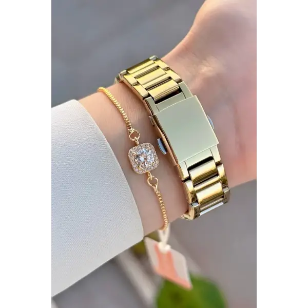 Gold Renk Kadın Kol Saati ve Bileklik