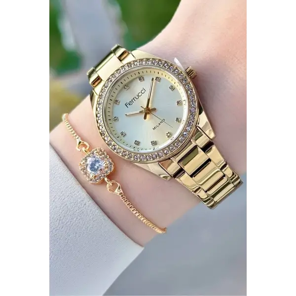 Gold Renk Kadın Kol Saati ve Bileklik