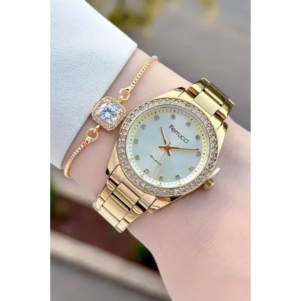 Gold Renk Kadın Kol Saati ve Bileklik