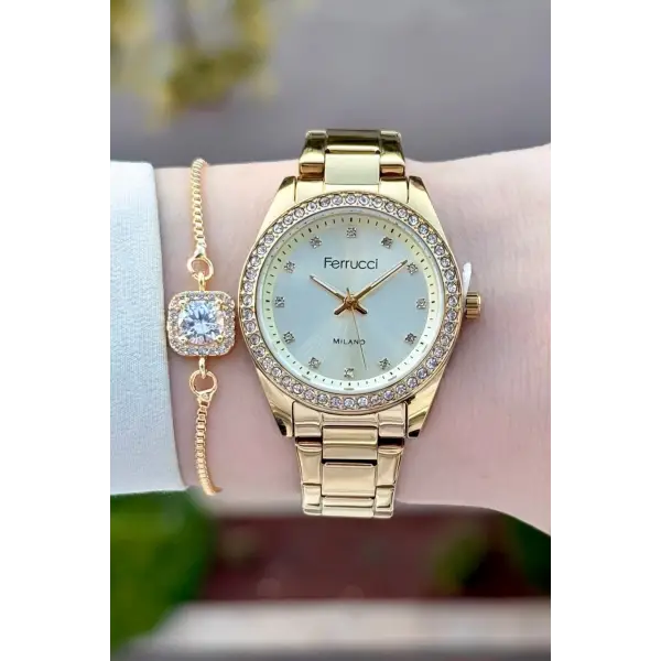 Gold Renk Kadın Kol Saati ve Bileklik