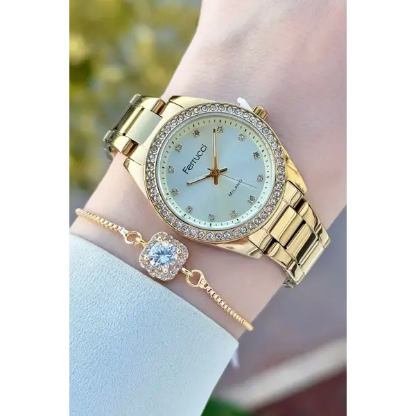 Gold Renk Kadın Kol Saati ve Bileklik