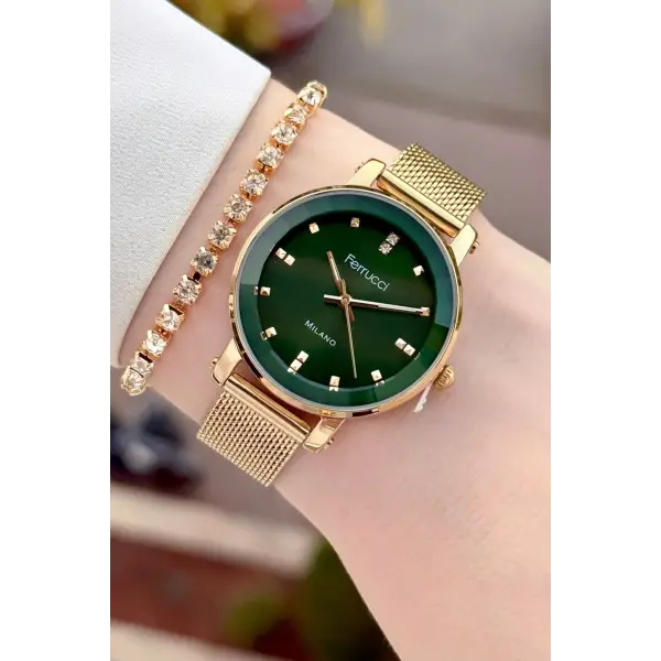 Kadranı Yeşil Kordonu Gold Renk Kadın Kol Saati ve Bileklik