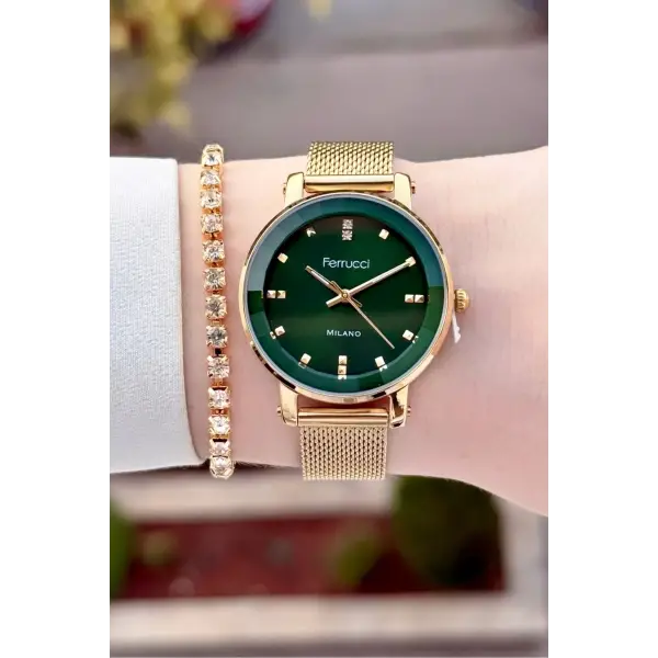 Kadranı Yeşil Kordonu Gold Renk Kadın Kol Saati ve Bileklik