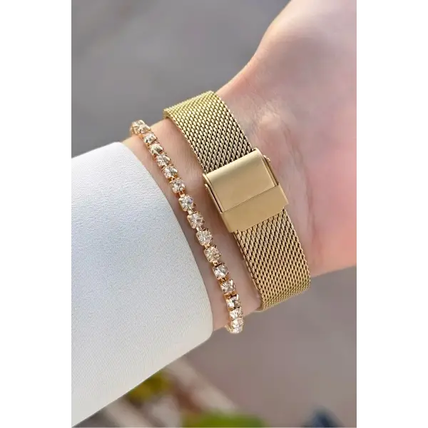 Kadranı Yeşil Kordonu Gold Renk Kadın Kol Saati ve Bileklik