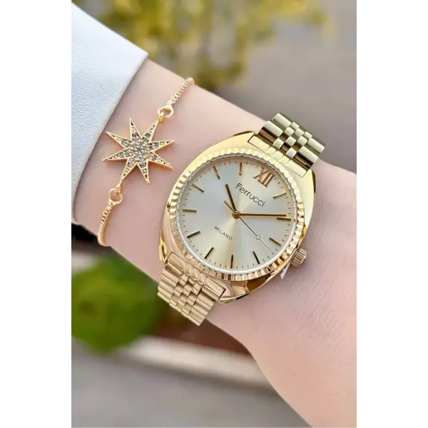 Gold Renk Kadın Kol Saati ve Bileklik