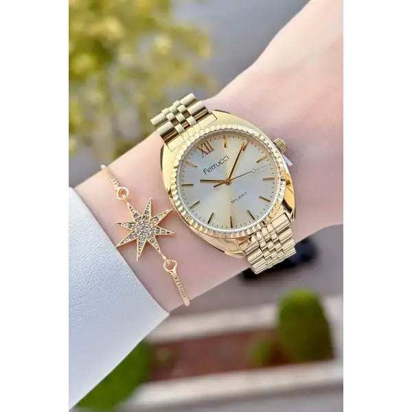 Gold Renk Kadın Kol Saati ve Bileklik