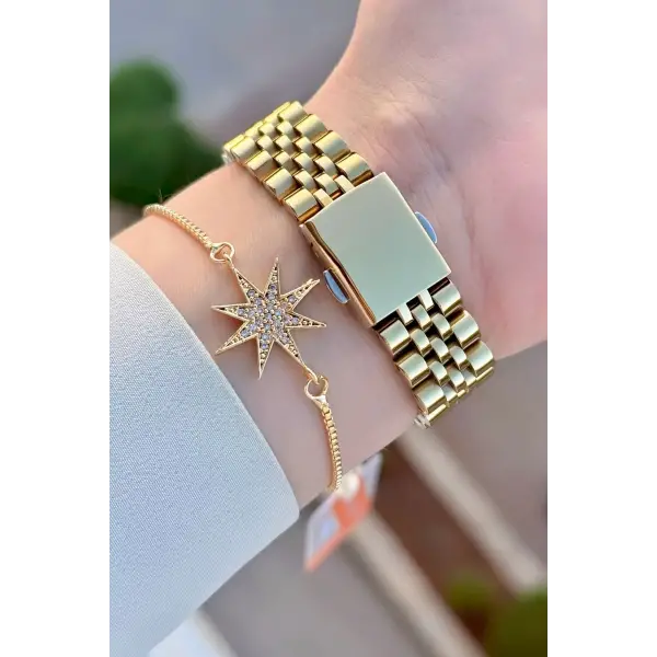 Gold Renk Kadın Kol Saati ve Bileklik