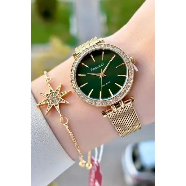 Kadranı Yeşil Kordonu Gold Renk Kadın Kol Saati ve Bileklik