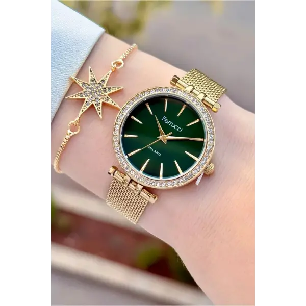 Kadranı Yeşil Kordonu Gold Renk Kadın Kol Saati ve Bileklik