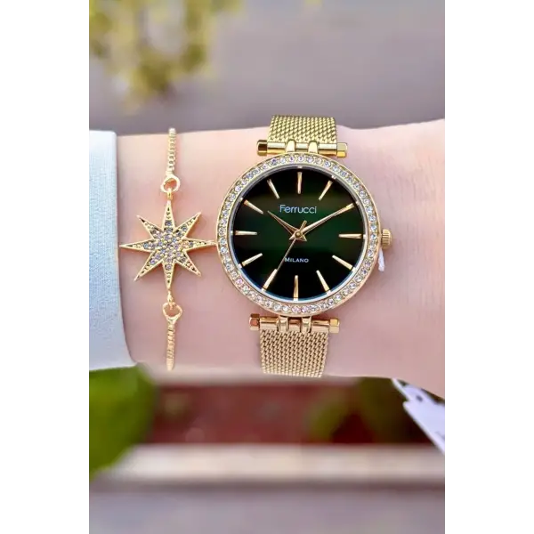 Kadranı Yeşil Kordonu Gold Renk Kadın Kol Saati ve Bileklik