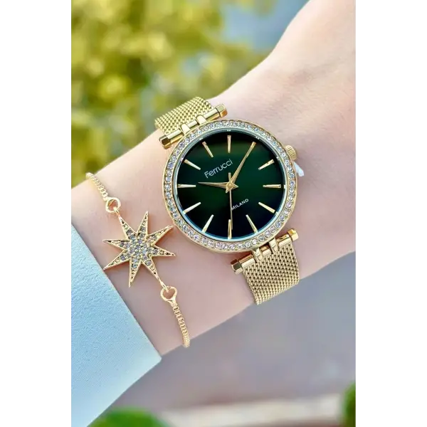 Kadranı Yeşil Kordonu Gold Renk Kadın Kol Saati ve Bileklik