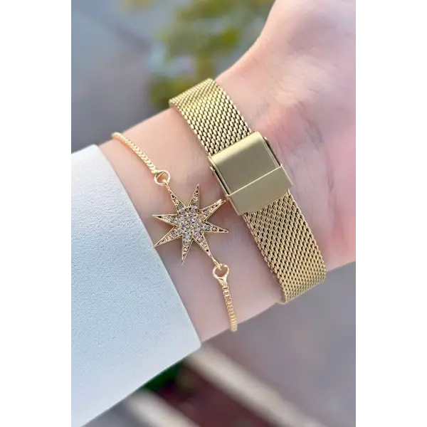 Kadranı Yeşil Kordonu Gold Renk Kadın Kol Saati ve Bileklik