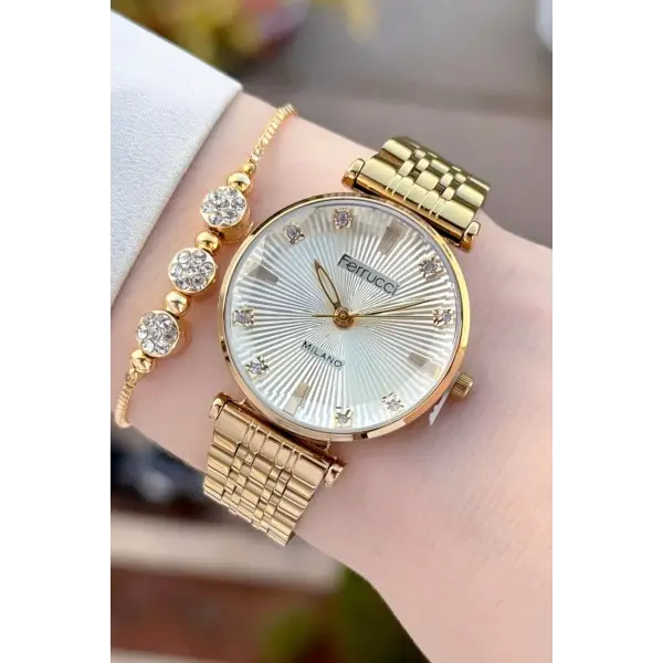 Gold Renk Hediye Paketli Kadın Kol Saati ve Bileklik