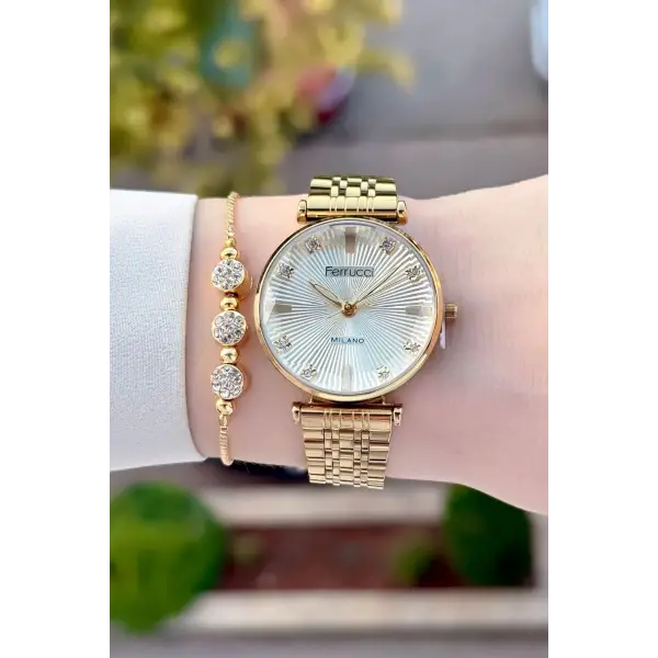 Gold Renk Hediye Paketli Kadın Kol Saati ve Bileklik