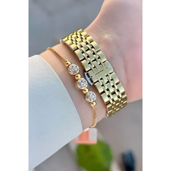 Gold Renk Hediye Paketli Kadın Kol Saati ve Bileklik