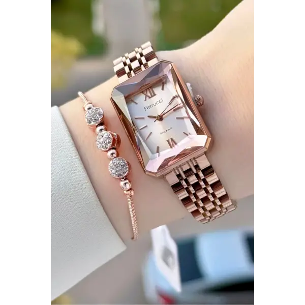Rose Renk Kadın Kol Saati ve Bileklik