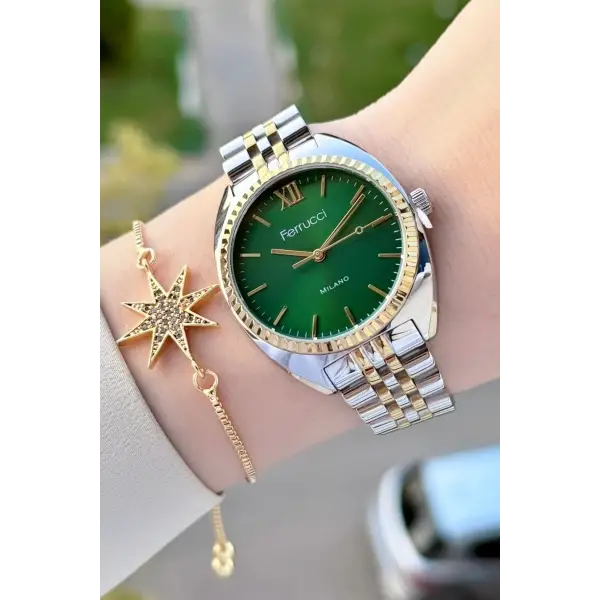 Kadranı Yeşil Kordonu Gold Gümüş Renk Kadın Kol Saati ve Bileklik