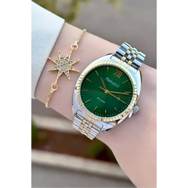 Kadranı Yeşil Kordonu Gold Gümüş Renk Kadın Kol Saati ve Bileklik