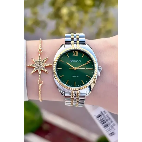 Kadranı Yeşil Kordonu Gold Gümüş Renk Kadın Kol Saati ve Bileklik