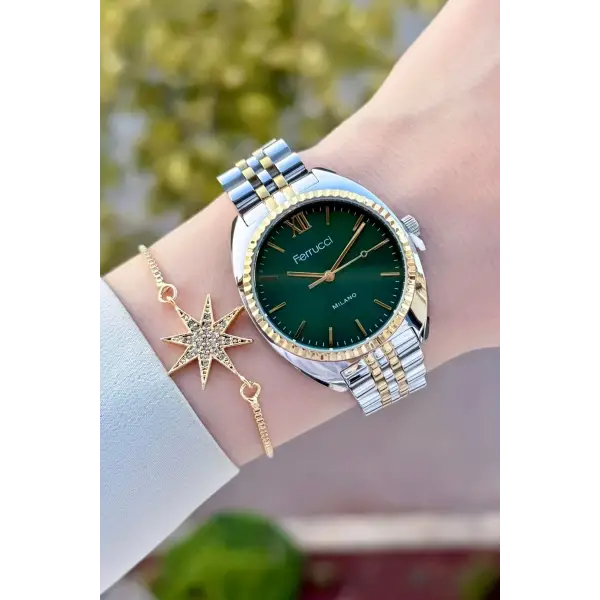 Kadranı Yeşil Kordonu Gold Gümüş Renk Kadın Kol Saati ve Bileklik