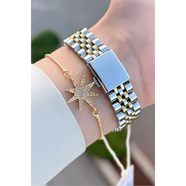 Kadranı Yeşil Kordonu Gold Gümüş Renk Kadın Kol Saati ve Bileklik