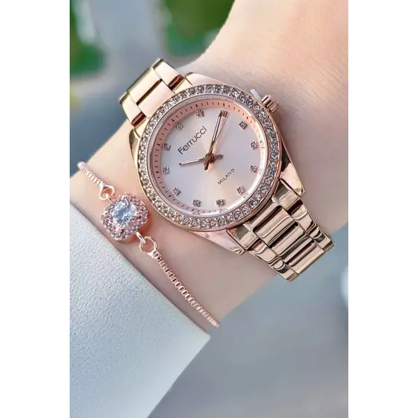 Rose Renk Kadın Kol Saati ve Bileklik