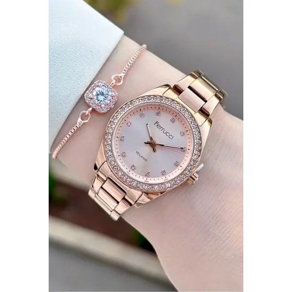 Rose Renk Kadın Kol Saati ve Bileklik