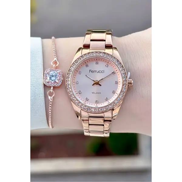 Rose Renk Kadın Kol Saati ve Bileklik