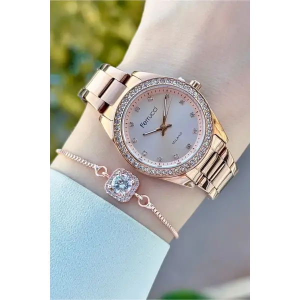 Rose Renk Kadın Kol Saati ve Bileklik