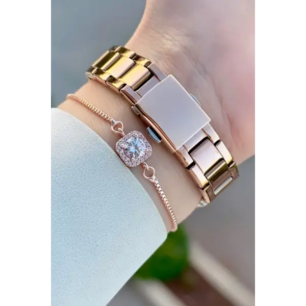 Rose Renk Kadın Kol Saati ve Bileklik