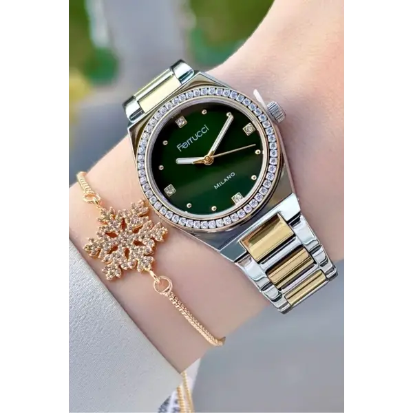 Kadranı Yeşil Kordonu Gold Gümüş Renk Kadın Kol Saati ve Bileklik