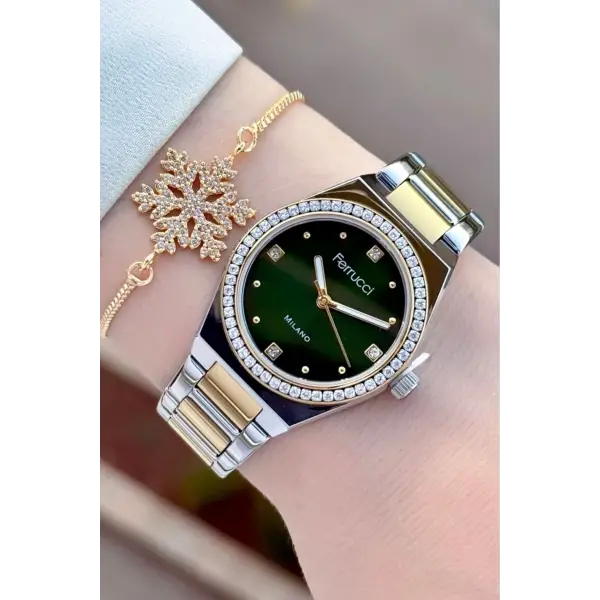 Kadranı Yeşil Kordonu Gold Gümüş Renk Kadın Kol Saati ve Bileklik