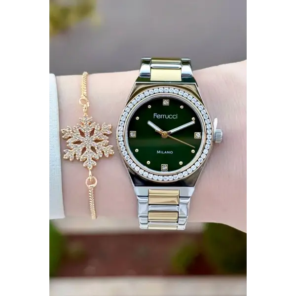 Kadranı Yeşil Kordonu Gold Gümüş Renk Kadın Kol Saati ve Bileklik