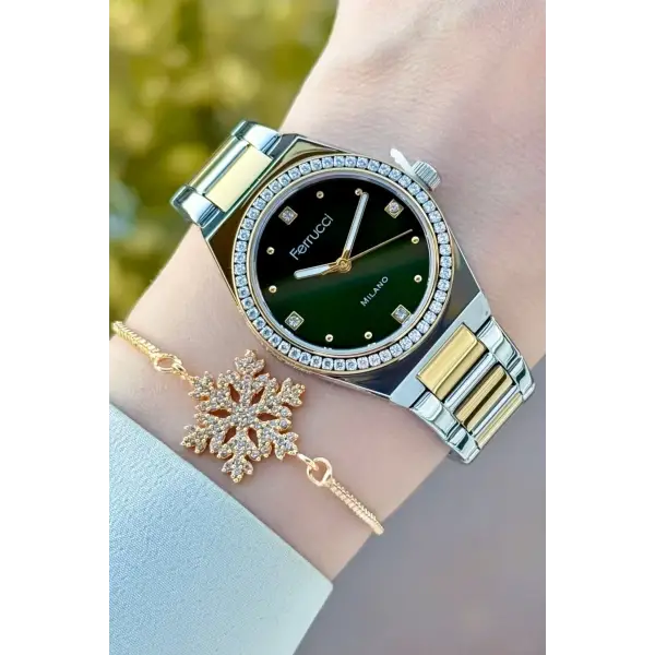 Kadranı Yeşil Kordonu Gold Gümüş Renk Kadın Kol Saati ve Bileklik