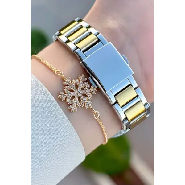 Kadranı Yeşil Kordonu Gold Gümüş Renk Kadın Kol Saati ve Bileklik