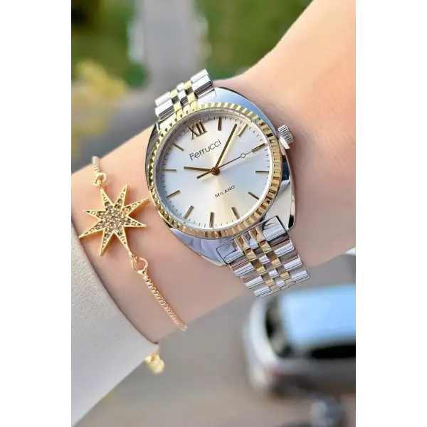 Gold Gümüş Renk Kadın Kol Saati ve Bileklik