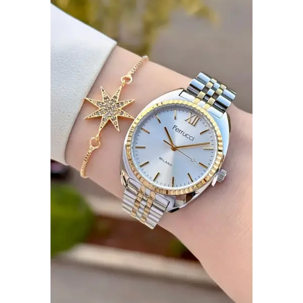 Gold Gümüş Renk Kadın Kol Saati ve Bileklik