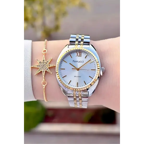 Gold Gümüş Renk Kadın Kol Saati ve Bileklik