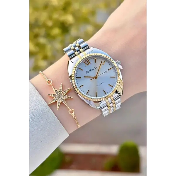 Gold Gümüş Renk Kadın Kol Saati ve Bileklik