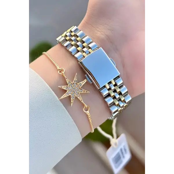 Gold Gümüş Renk Kadın Kol Saati ve Bileklik