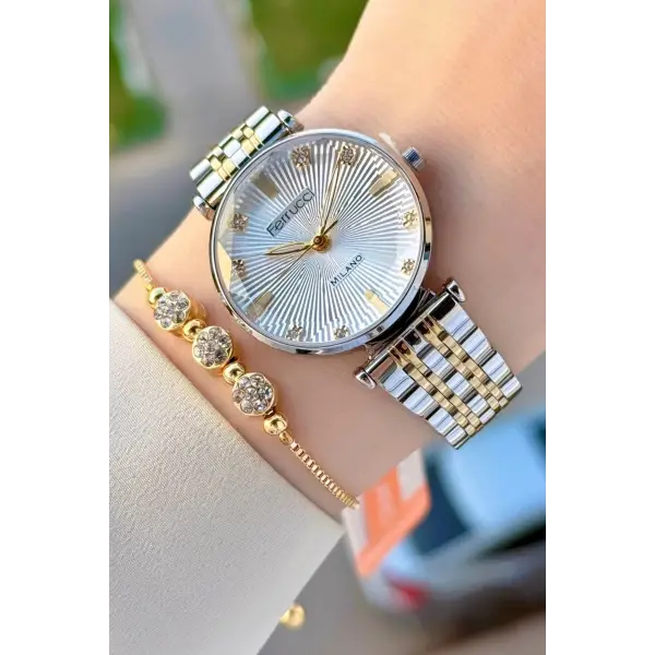 Gold Gümüş Renk Hediye Paketli Kadın Kol Saati ve Bileklik