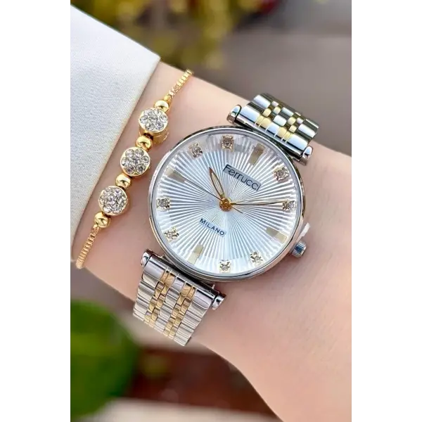 Gold Gümüş Renk Hediye Paketli Kadın Kol Saati ve Bileklik