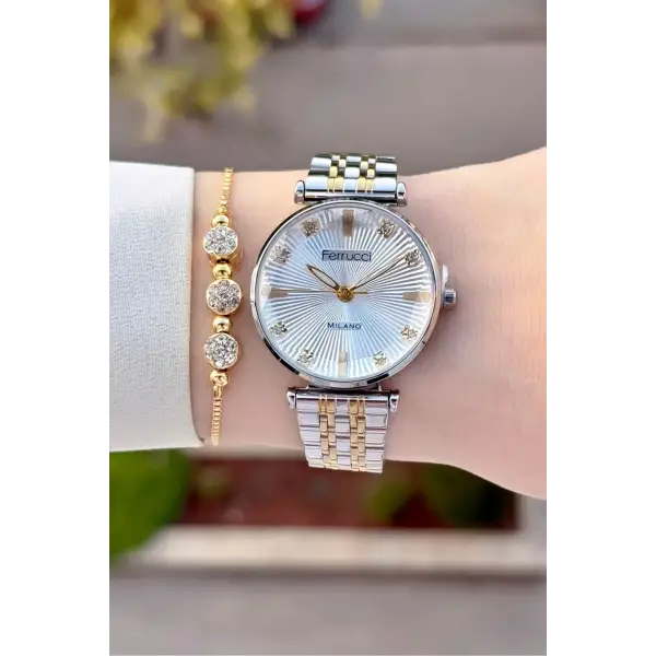 Gold Gümüş Renk Hediye Paketli Kadın Kol Saati ve Bileklik